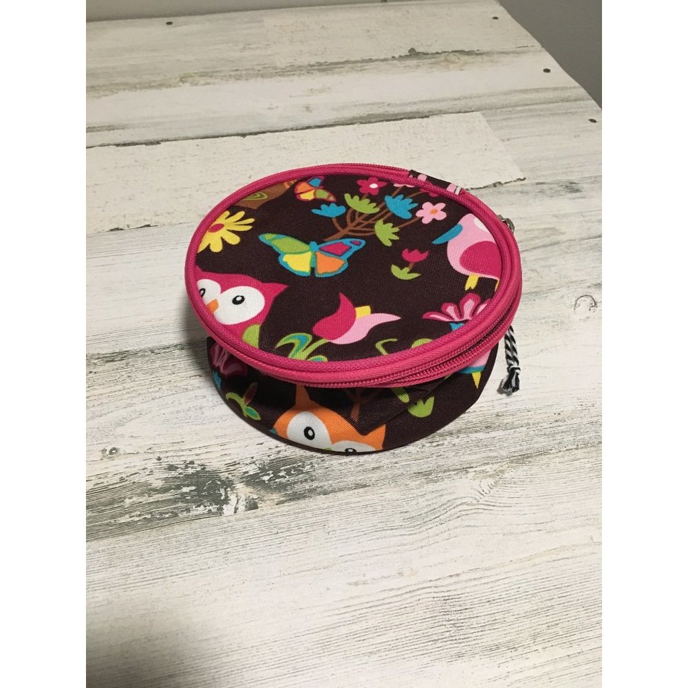 Small 6” round owl fabric decorated zippered bag with small compartments